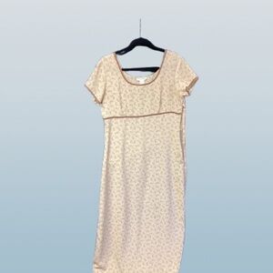 Cream Short-Sleeve Midi Dress with Tan Contrast Trim